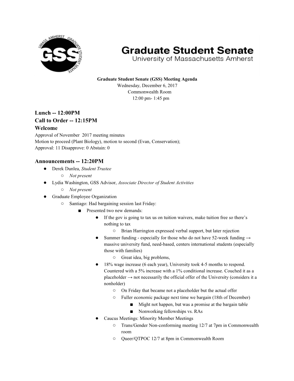 Graduate Student Senate (GSS) Meeting Agenda