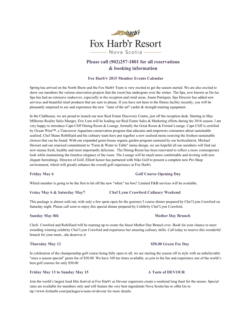 Fox Harb'r 2015 Member Events Calendar