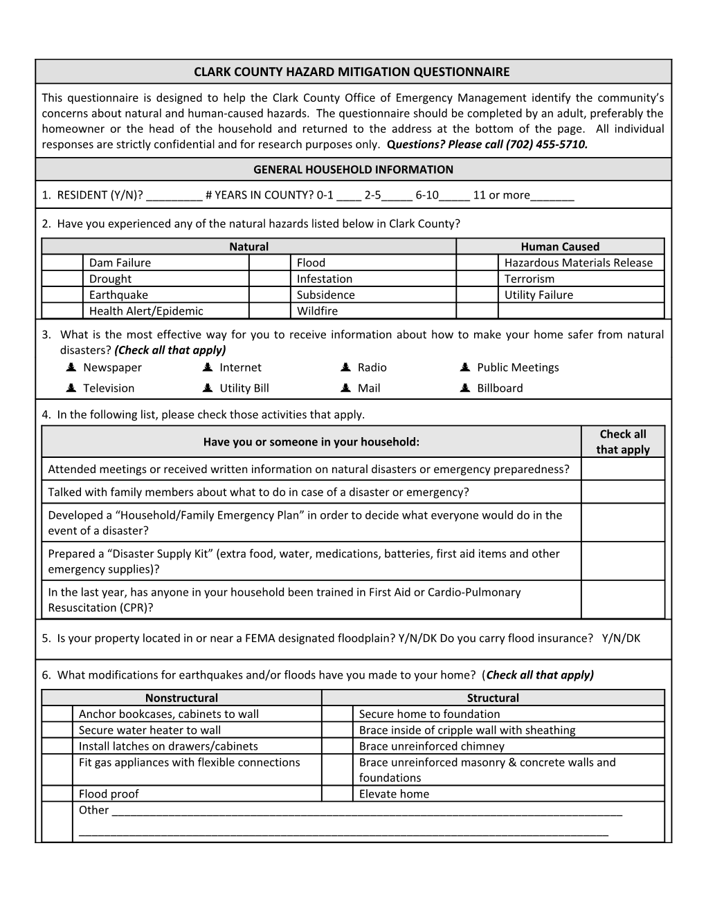 Carson City Hazard Mitigation Questionnaire