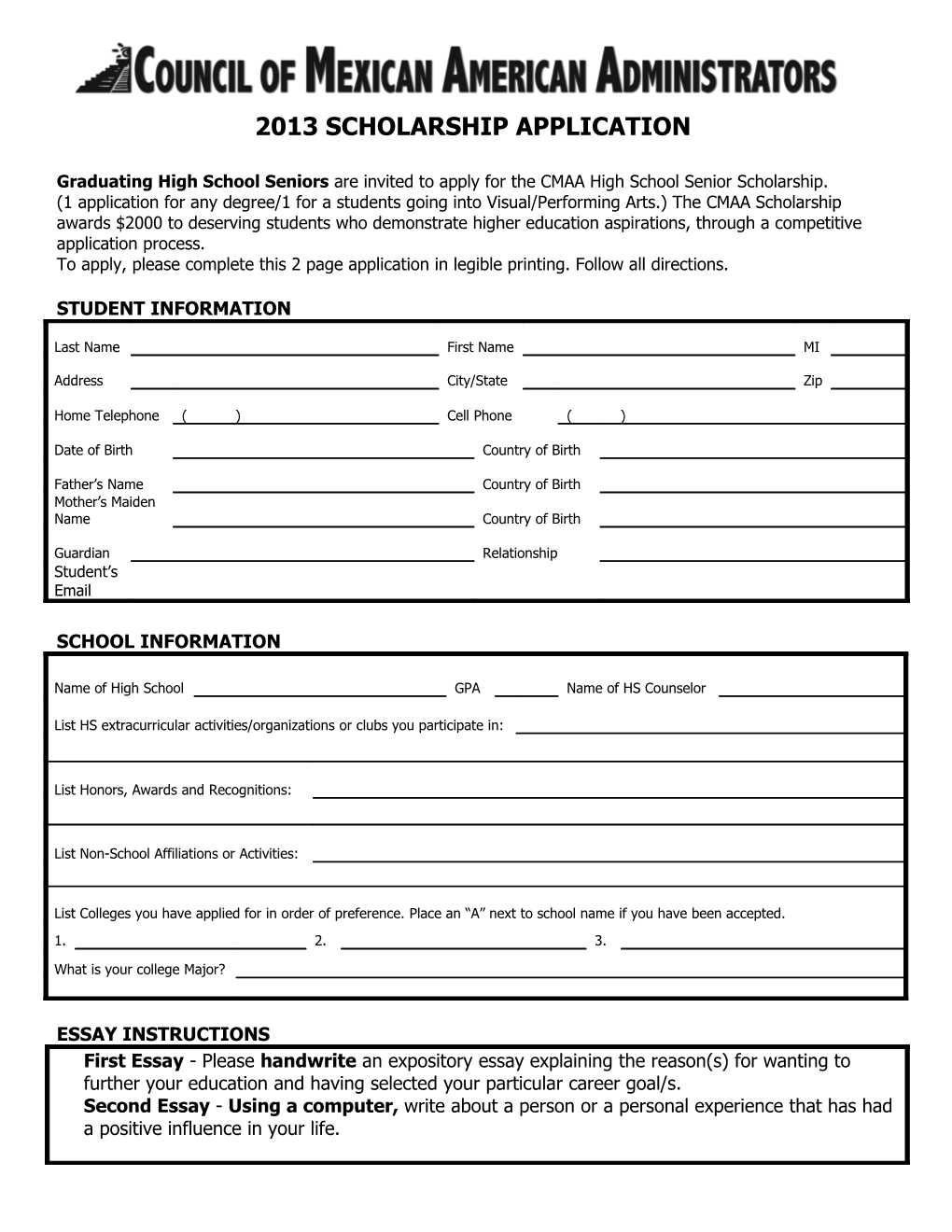 2013 Scholarship Application