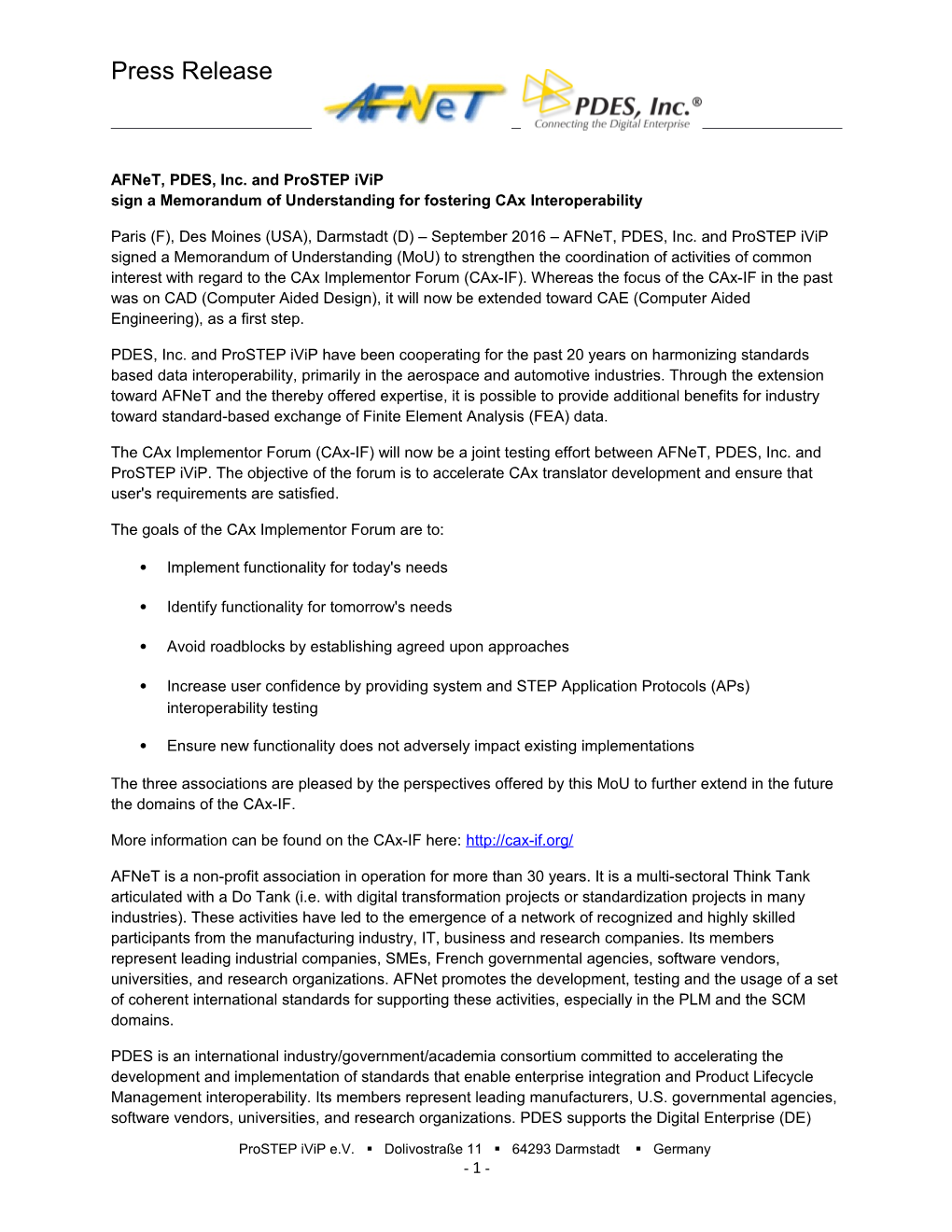 Afnet, PDES, Inc. and Prostep Ivip Sign a Memorandum of Understanding for Fostering Cax