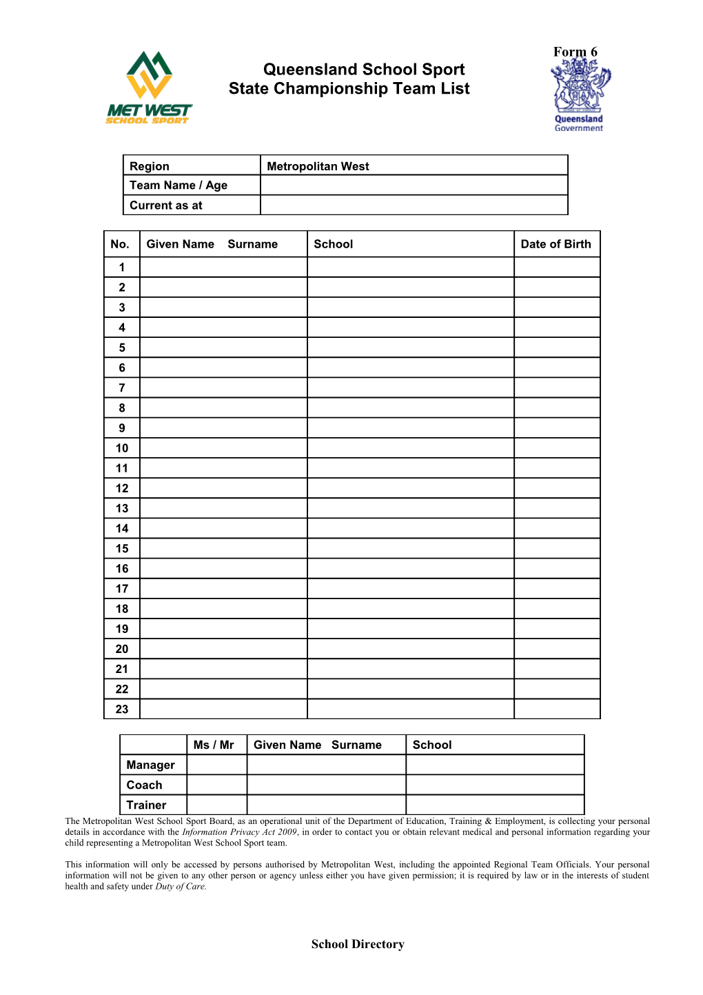 Form 6 - Team List - BLANK