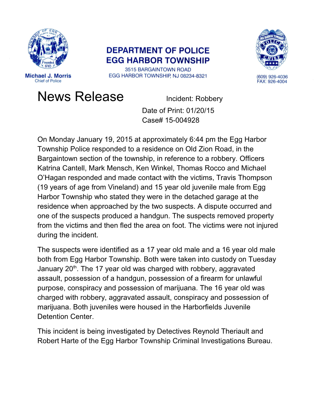 News Release Incident: Robbery Update s2