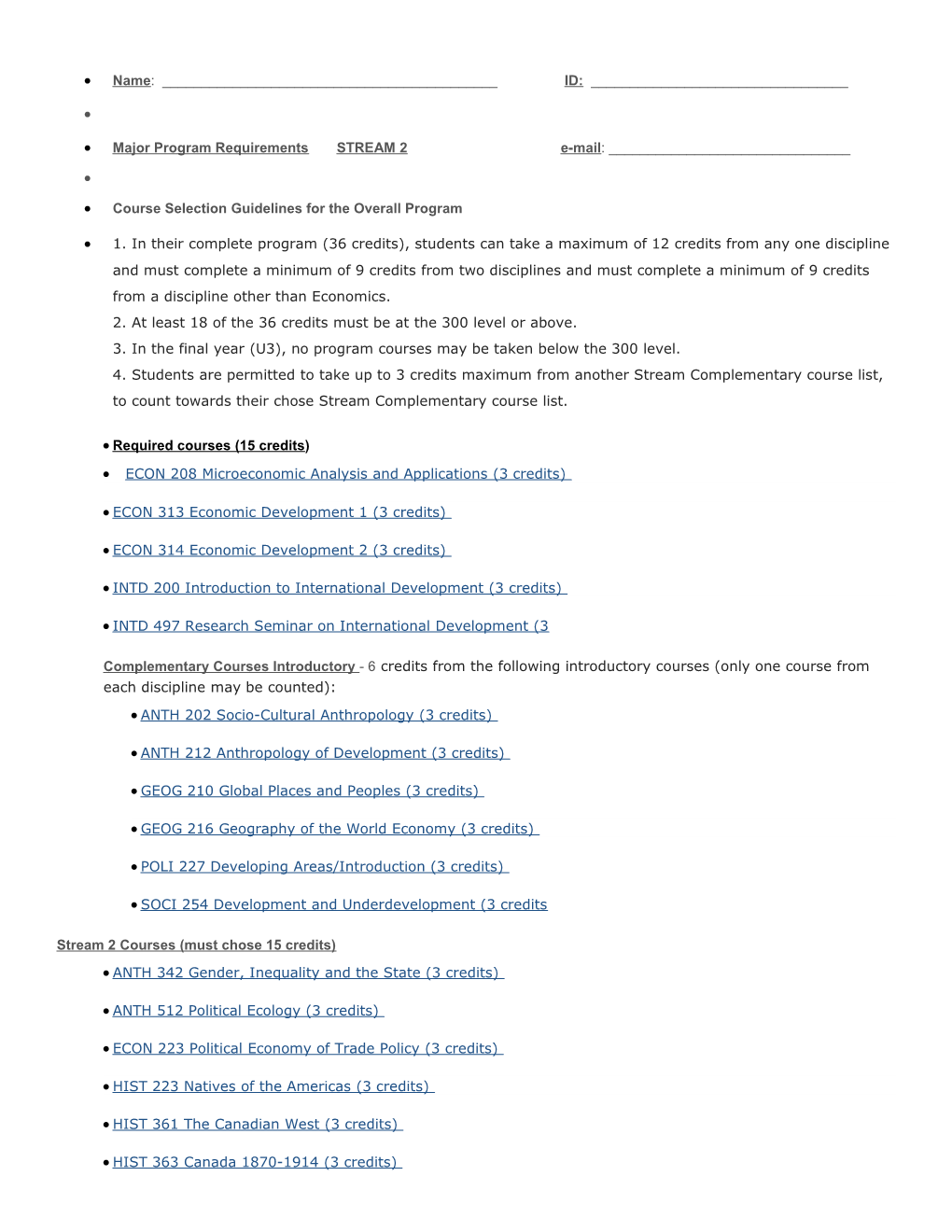 Course Selection Guidelines for the Overall Program