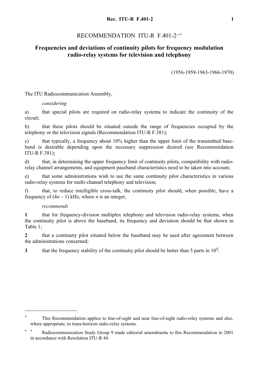 RECOMMENDATION ITU-R F.401-2*, - Frequencies and Deviations of Continuity Pilots for Frequency