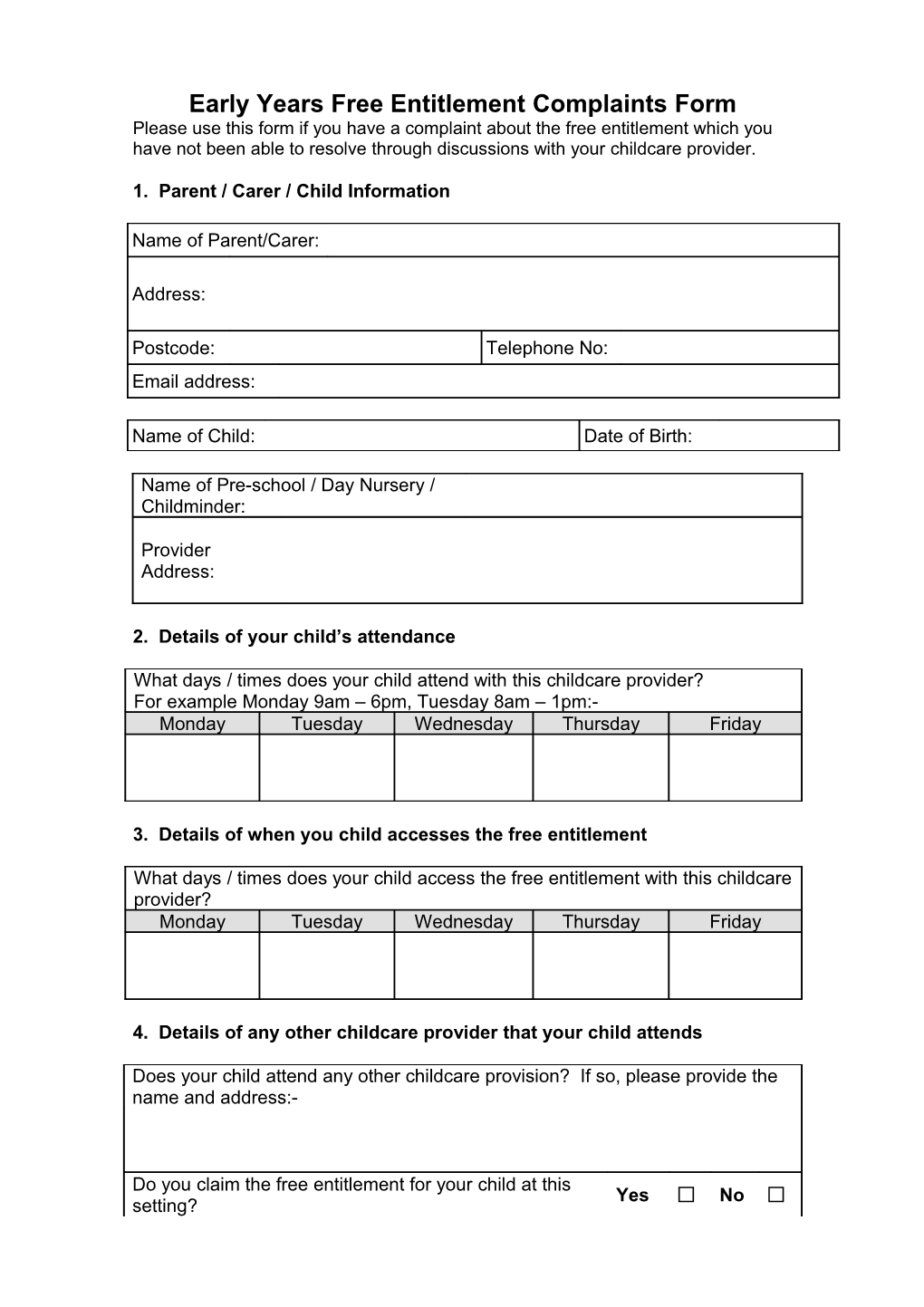 Early Years Free Entitlement Complaints Form