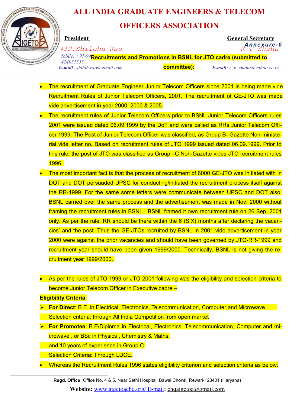 Recruitments and Promotions in BSNL for JTO Cadre (Submitted to Committee)