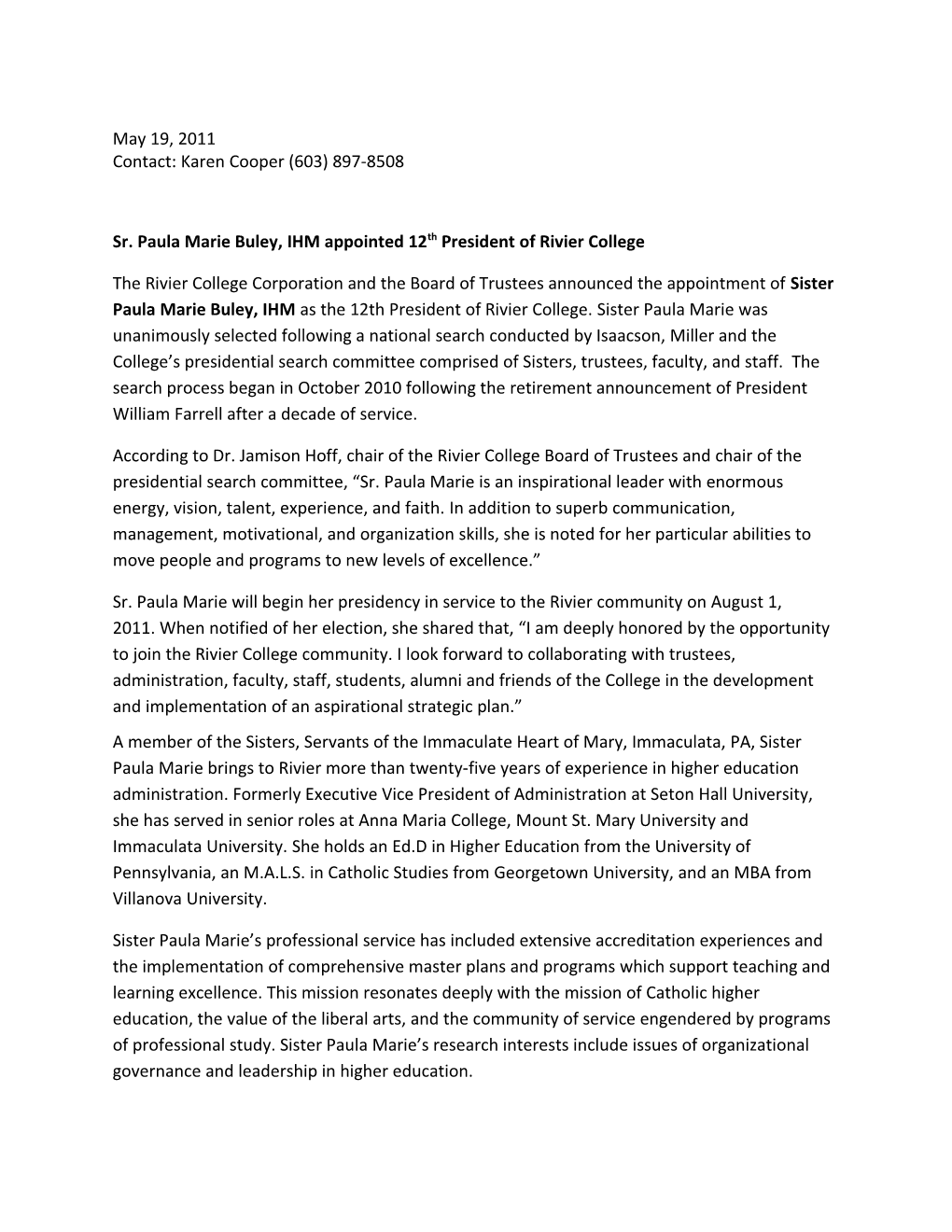 Sr. Paula Marie Buley, IHM Appointed 12Th President of Rivier College