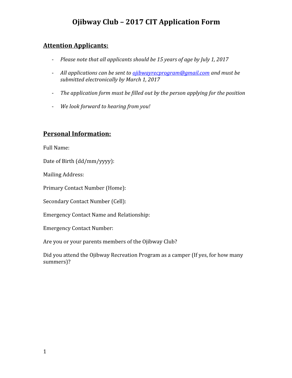 Ojibway Club 2017 CIT Application Form