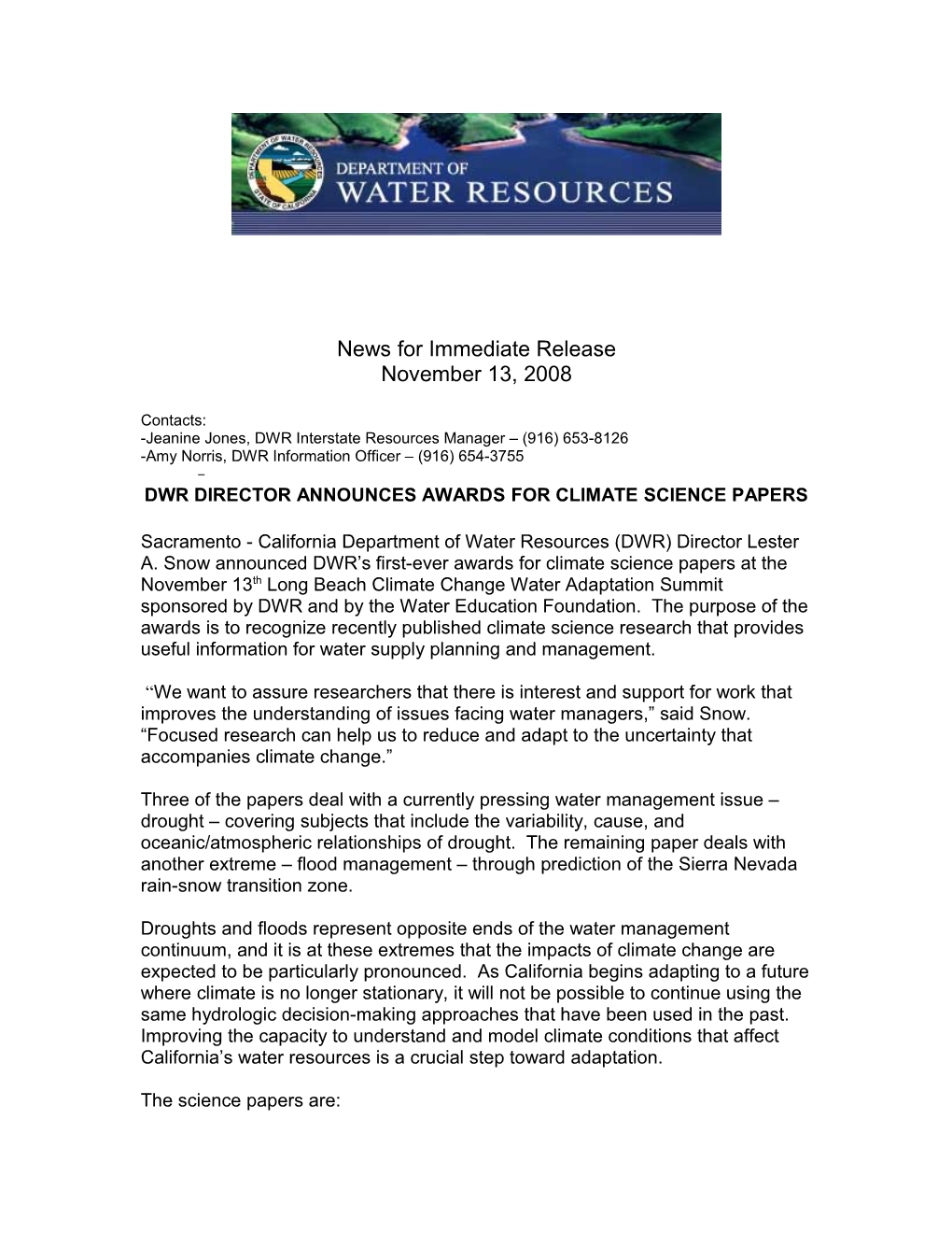 Dwr Director Announces Awards for Climate Science Papers