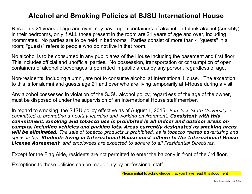 Alcohol and Smoking Policies at SJSU International House