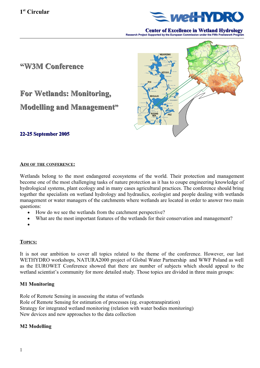 W3M Conference - for Wetlands: Monitoring, Modeling and Management 1St Circular