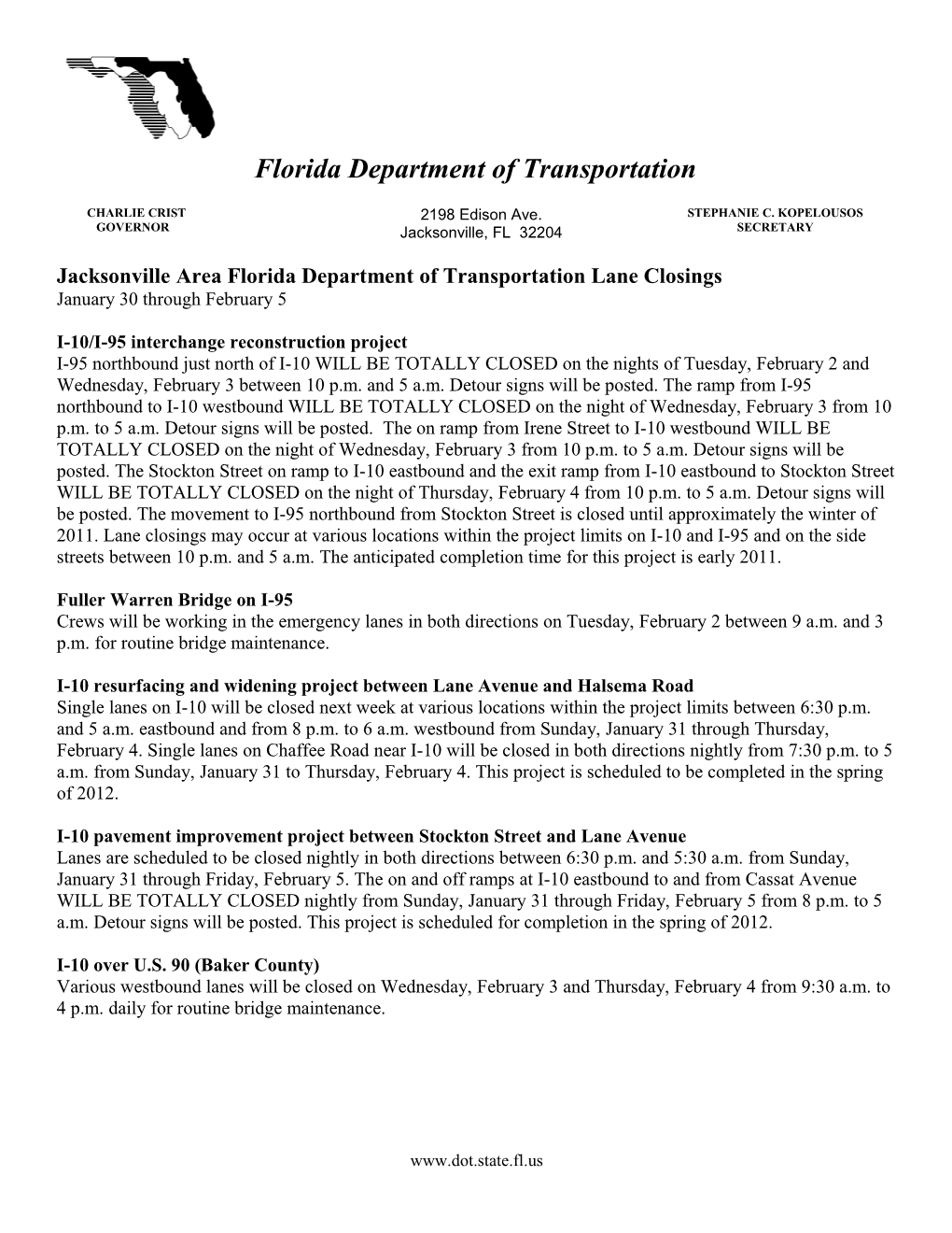 Jacksonville Area Florida Department of Transportation Lane Closings