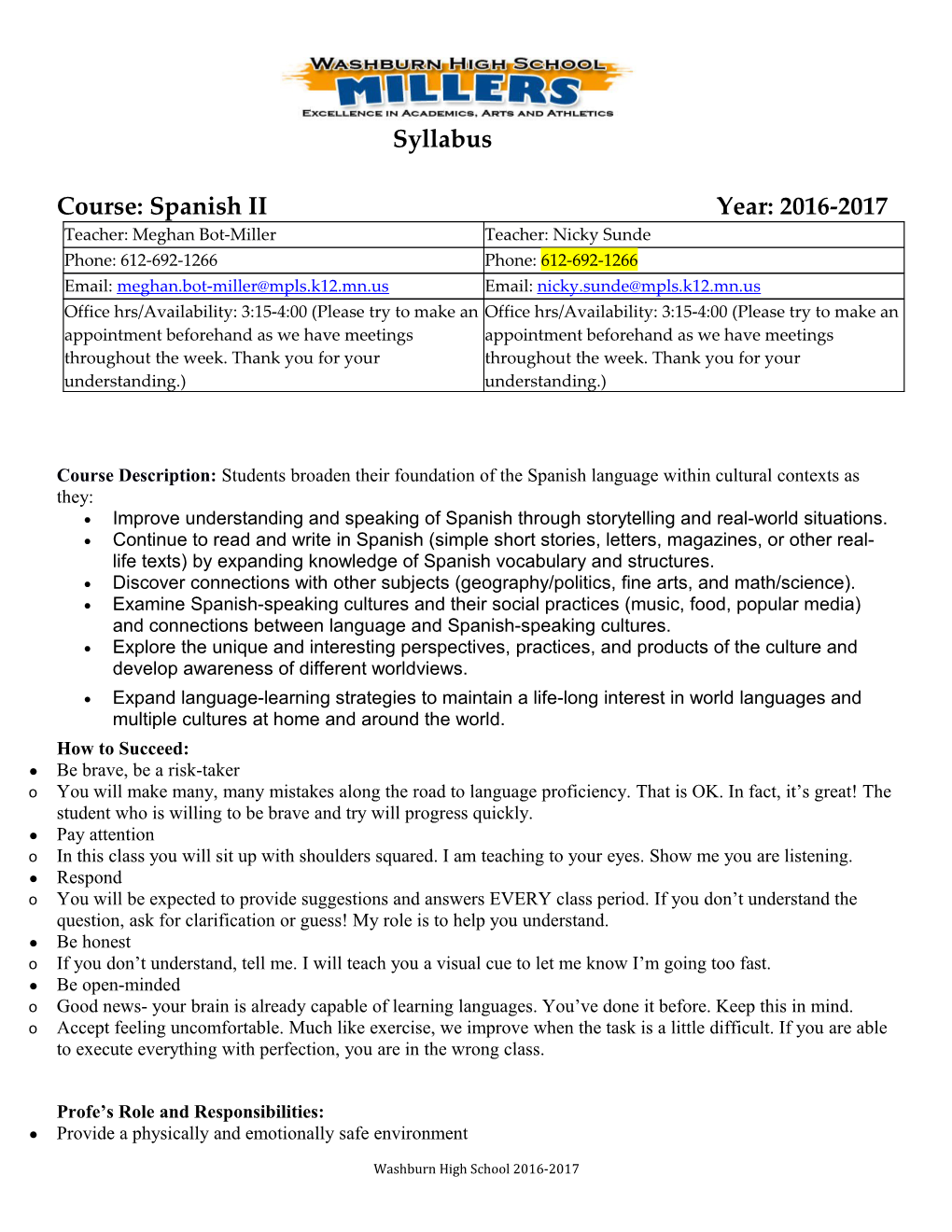 Course: Spanish II Year: 2016-2017