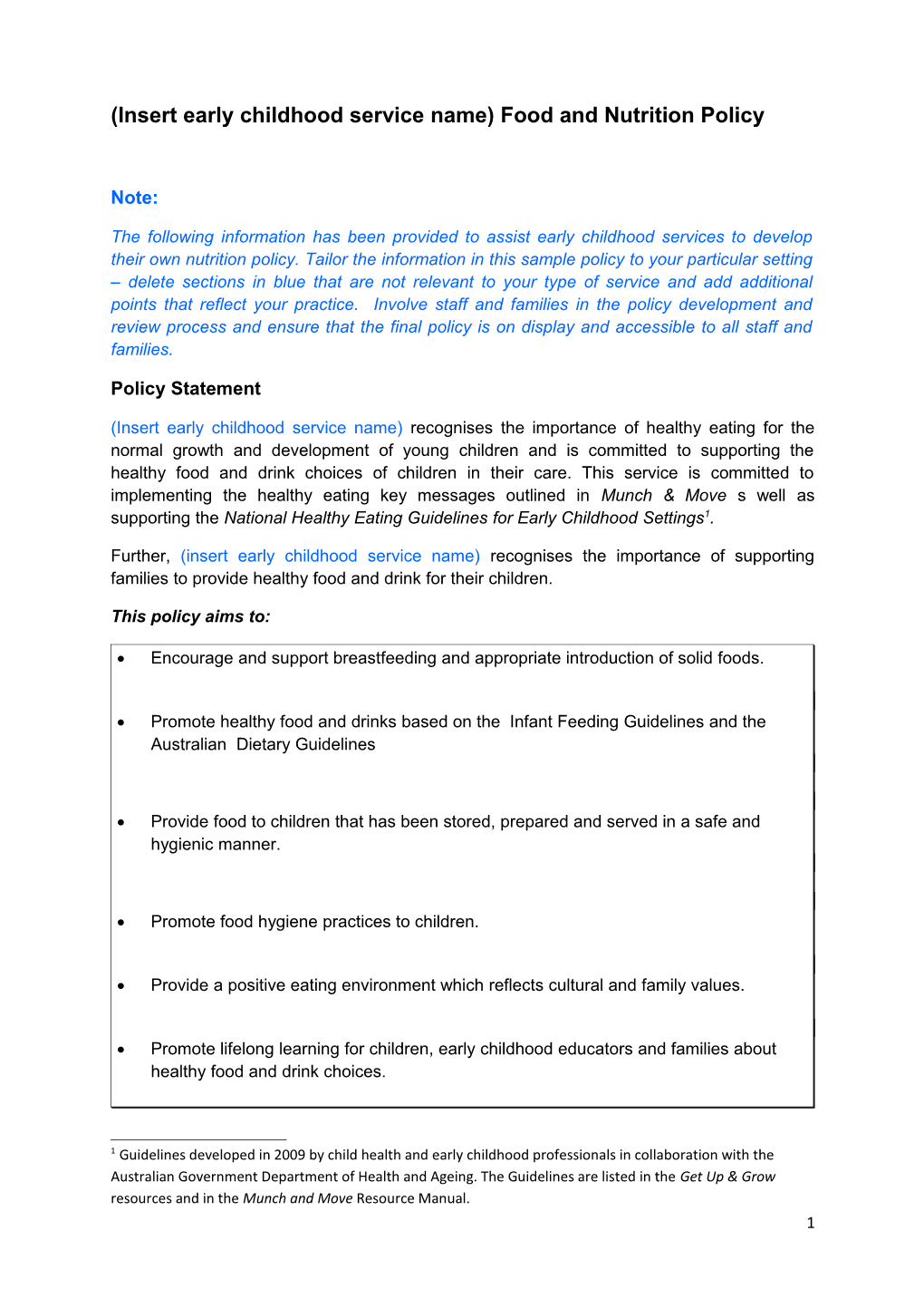 (Insert Early Childhood Service Name) Food and Nutrition Policy