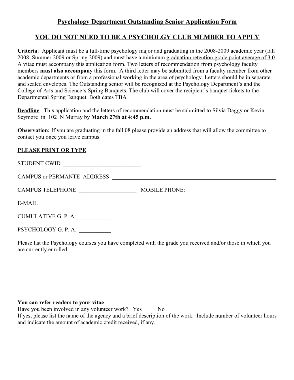 Psychology Department Outstanding Senior Application Form