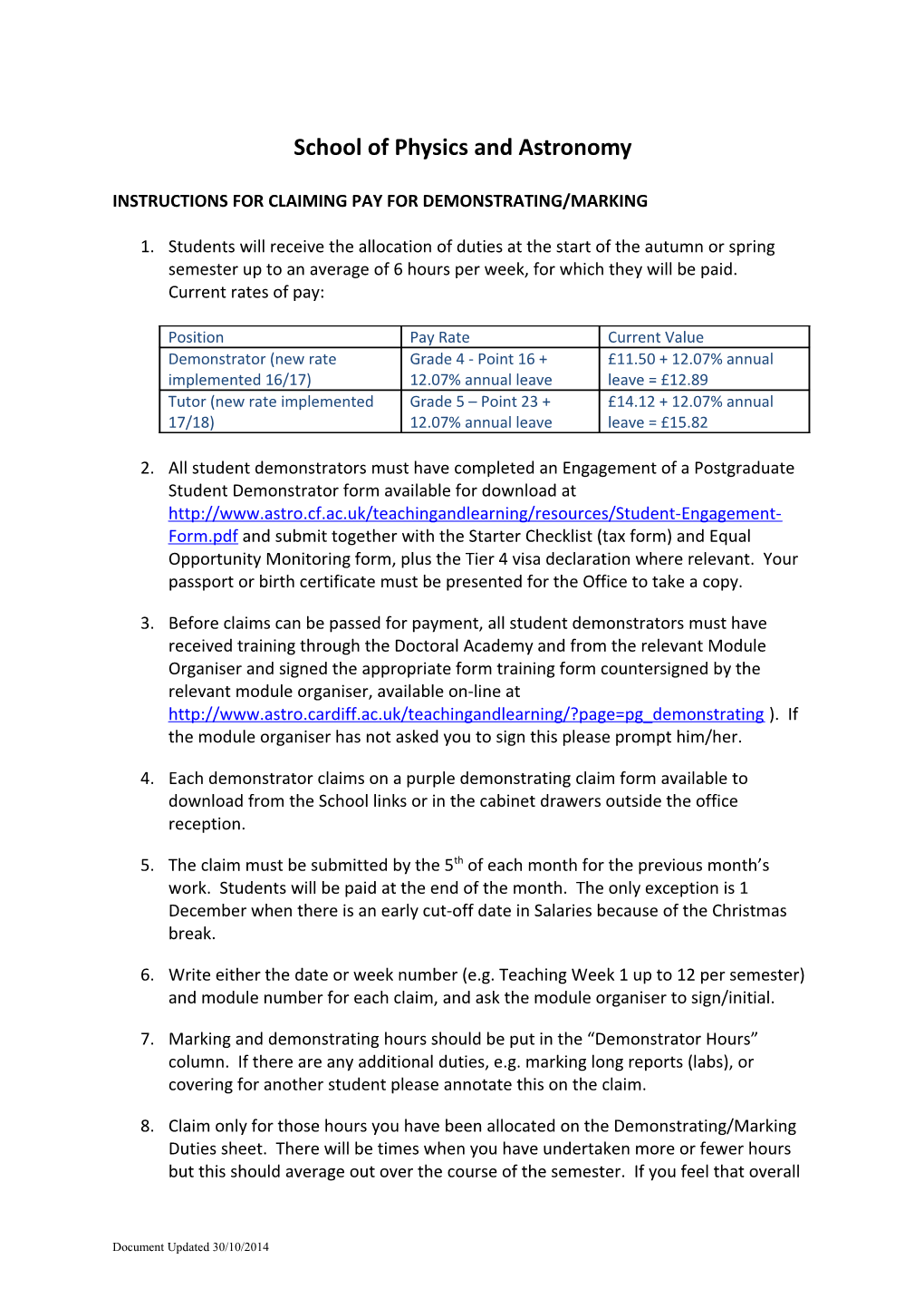 Instructions for Claiming Pay for Demonstrating/Teaching