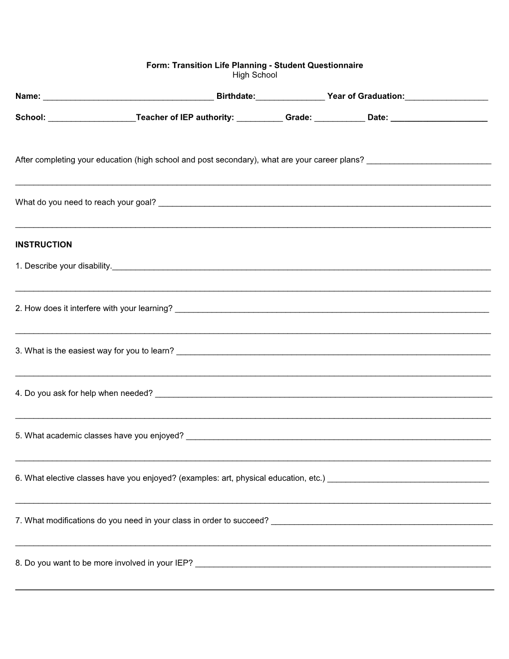 Form: Transition Life Planning - Student Questionnaire
