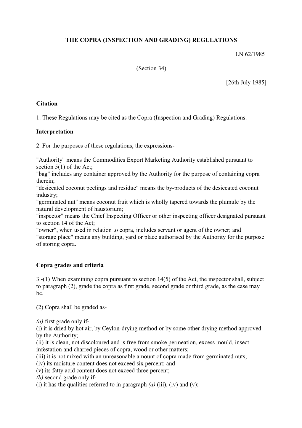 The Copra (Inspection and Grading) Regulations