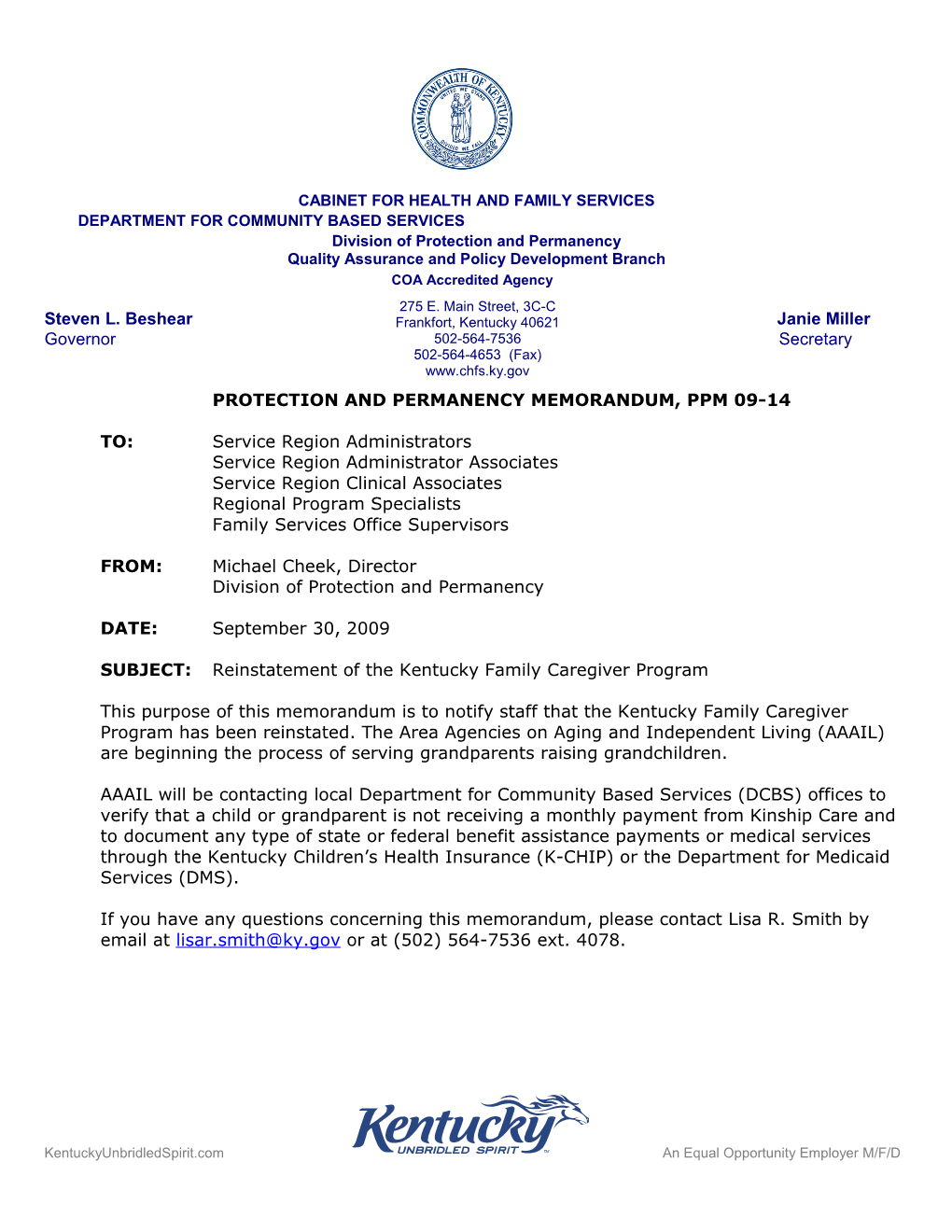 PPM 09-14 Reinstatement of the Kentucky Family Caregiver Program