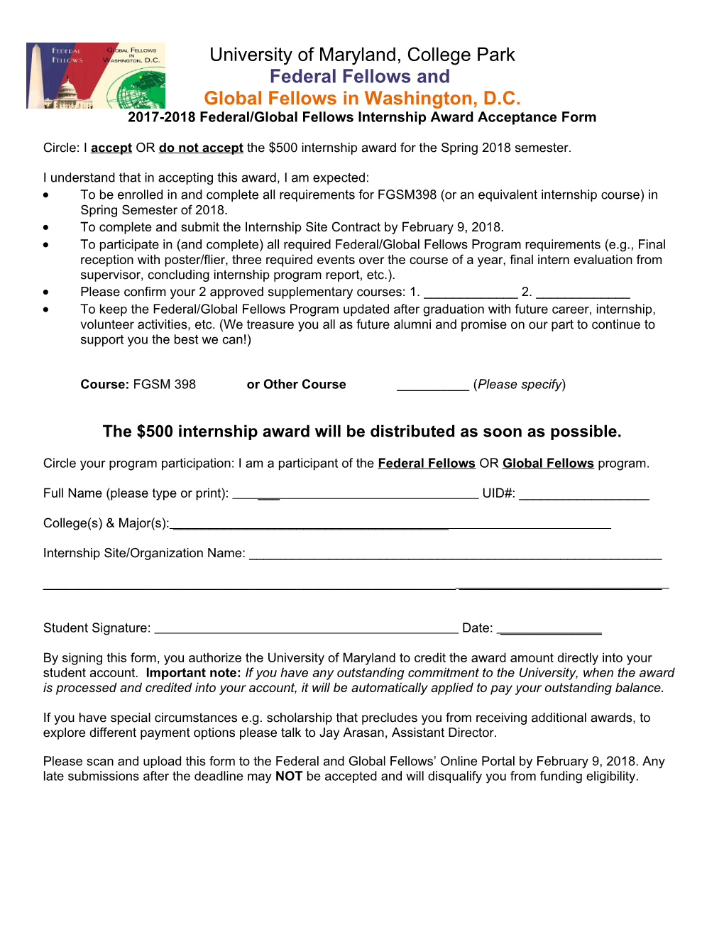 2004 Senior Summer Scholars Program Acceptance Form