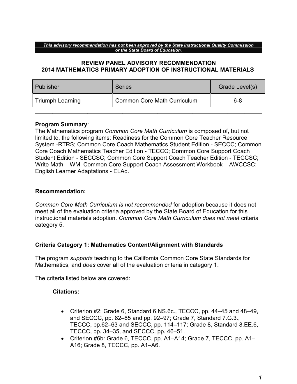 2014 Triumph Learning Math Curriculum - Instructional Materials (CA Dept of Education)