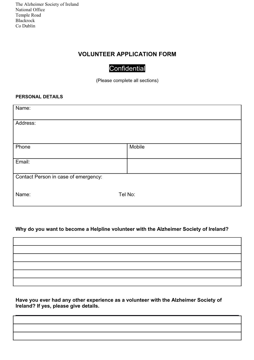 Telephone Helpline Volunteer Application Form