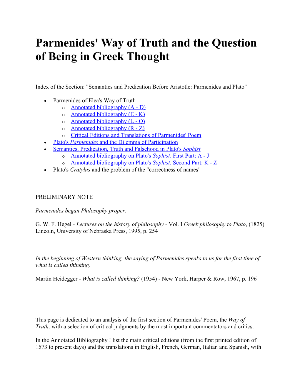 Parmenides' Way of Truth and the Question of Being in Greek Thought