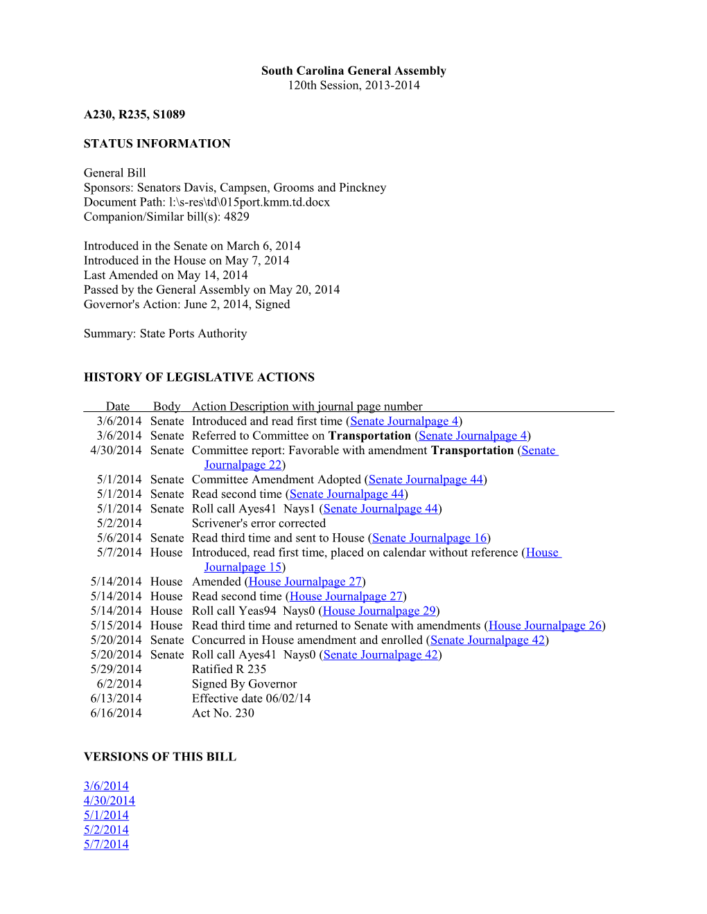 2013-2014 Bill 1089: State Ports Authority - South Carolina Legislature Online