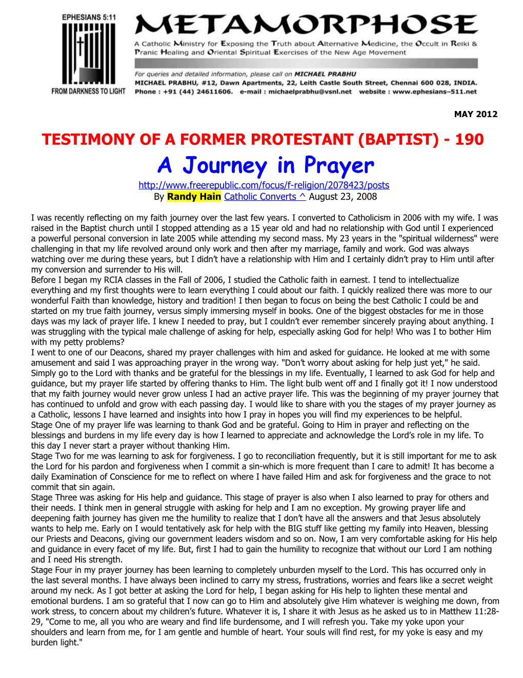 Testimony of a Former Protestant (Baptist) - 190
