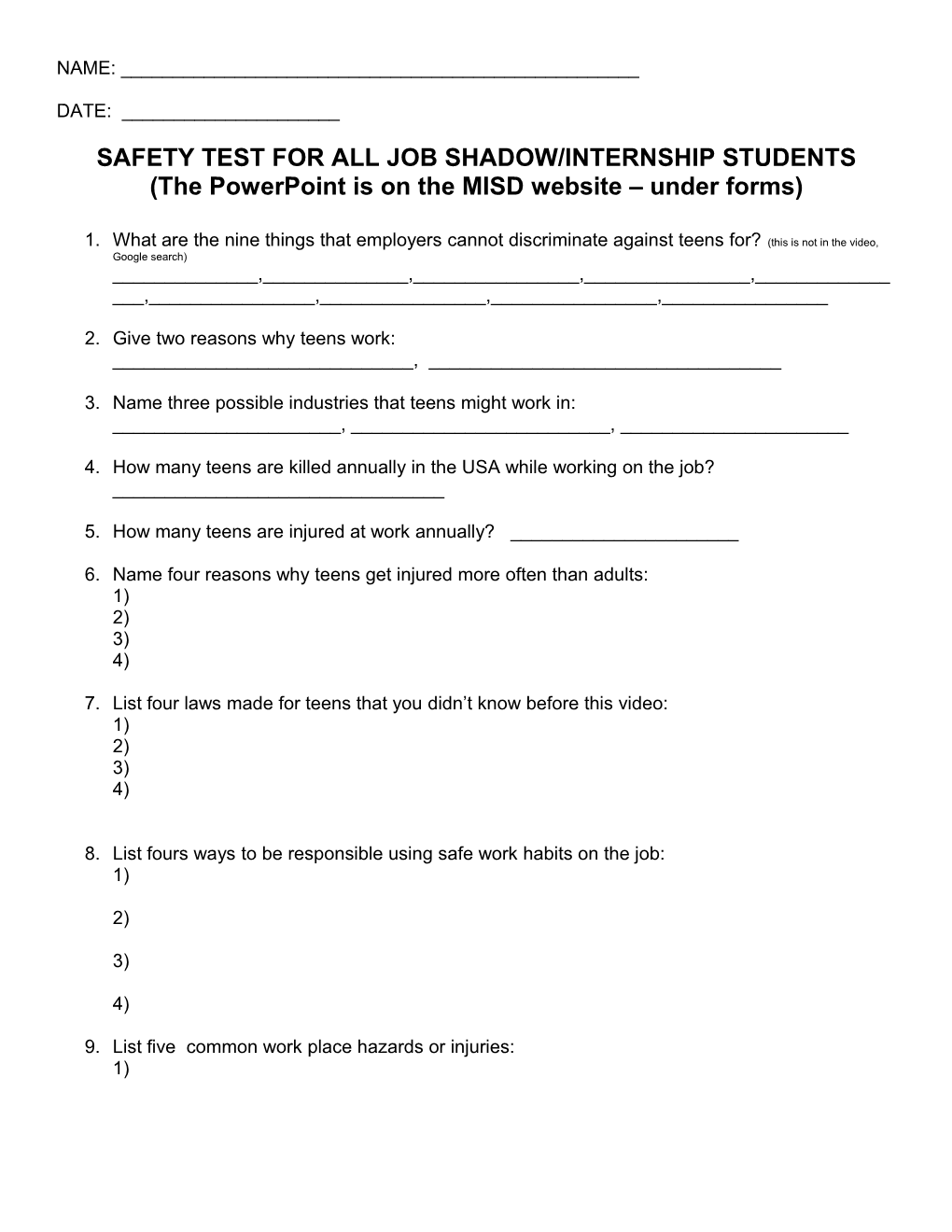 Safety Test for All School-To-Work Students