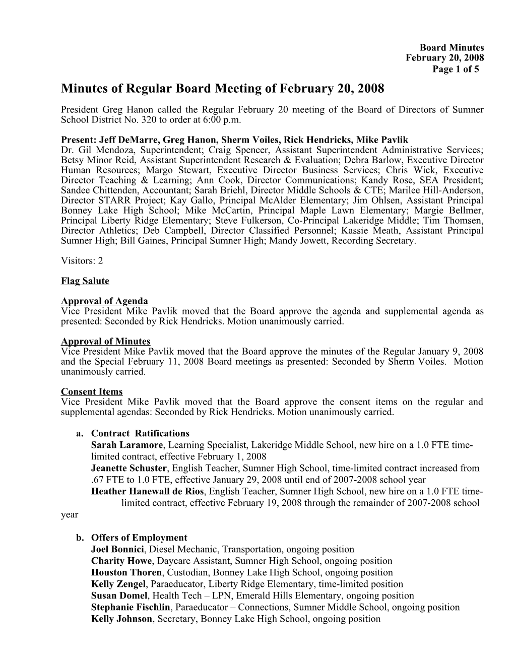 Minutes of Regular Board Meeting of February 20, 2008