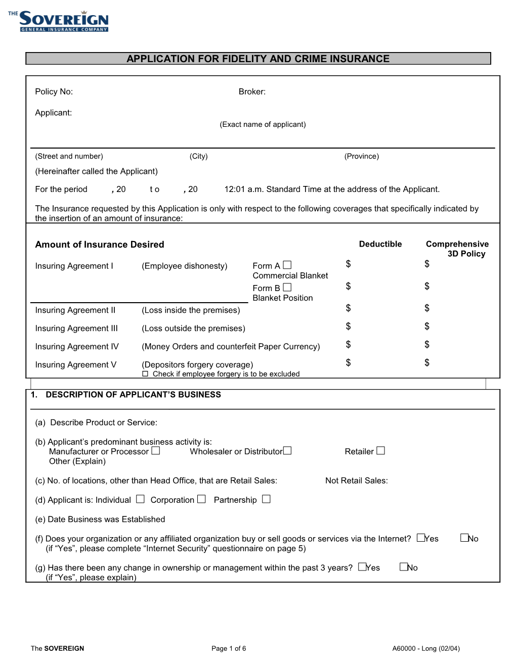 Application for Fidelity and Crime Insurance s1