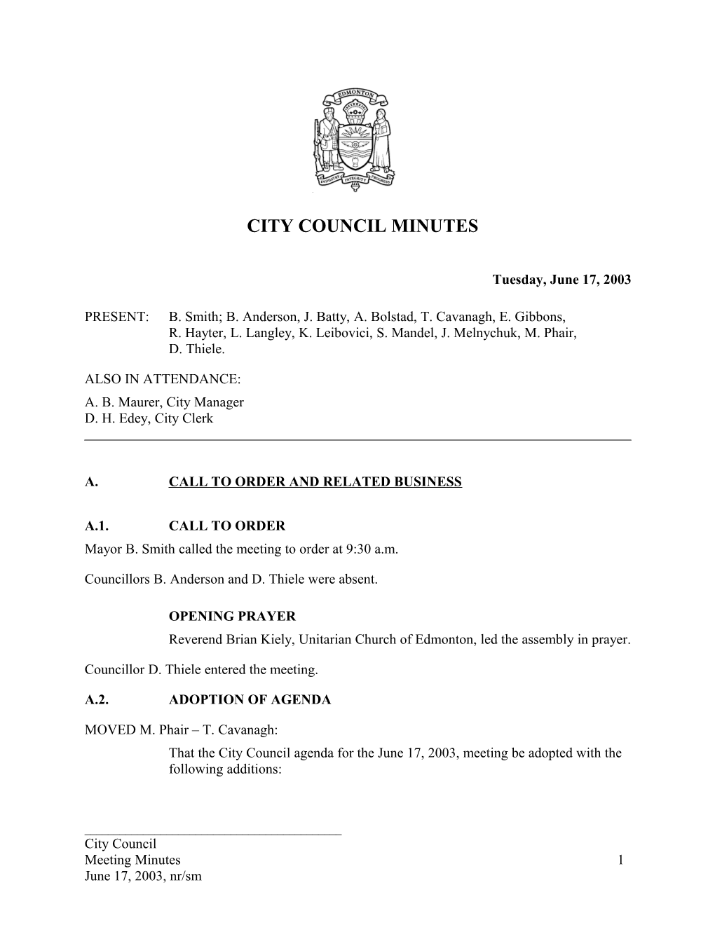 Minutes for City Council June 17, 2003 Meeting