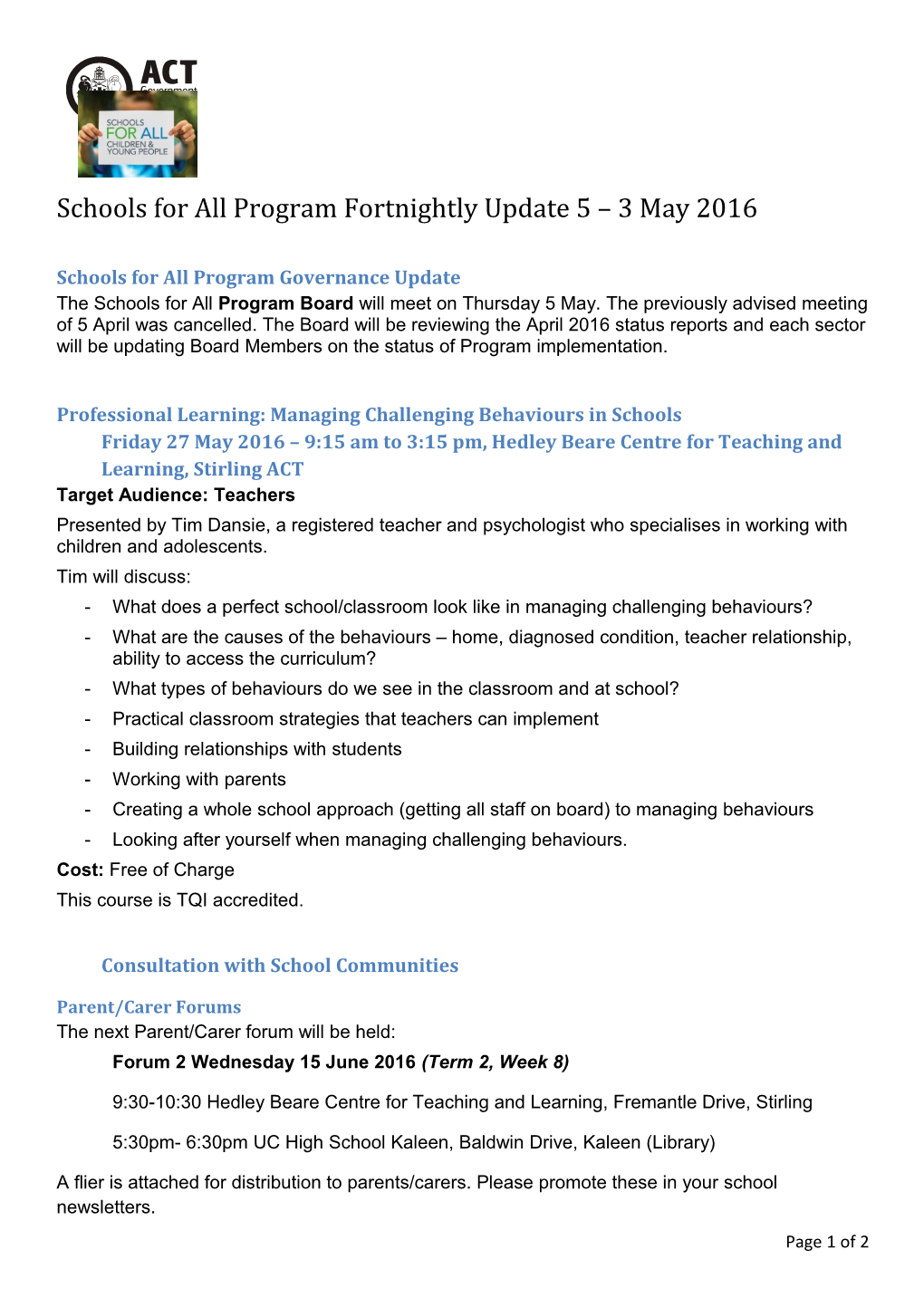 Schools for All Program Fortnightly Update 5 3 May 2016