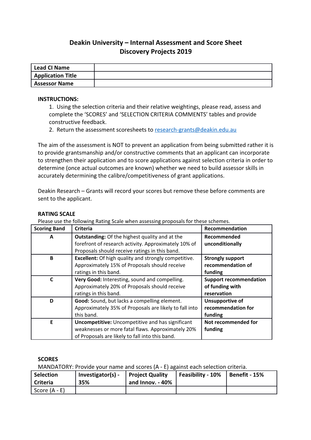 Deakin University Internal Assessment and Score Sheet