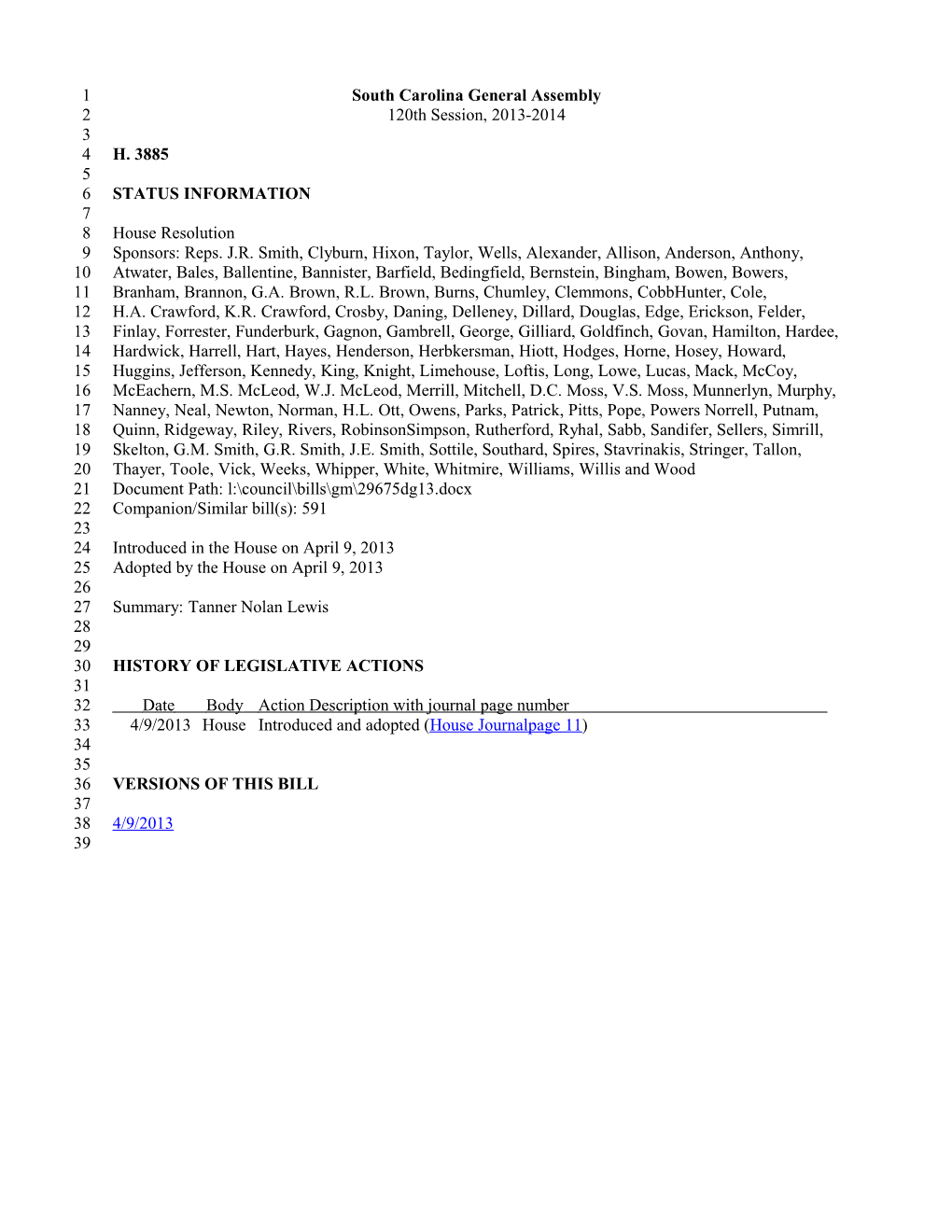 2013-2014 Bill 3885: Tanner Nolan Lewis - South Carolina Legislature Online