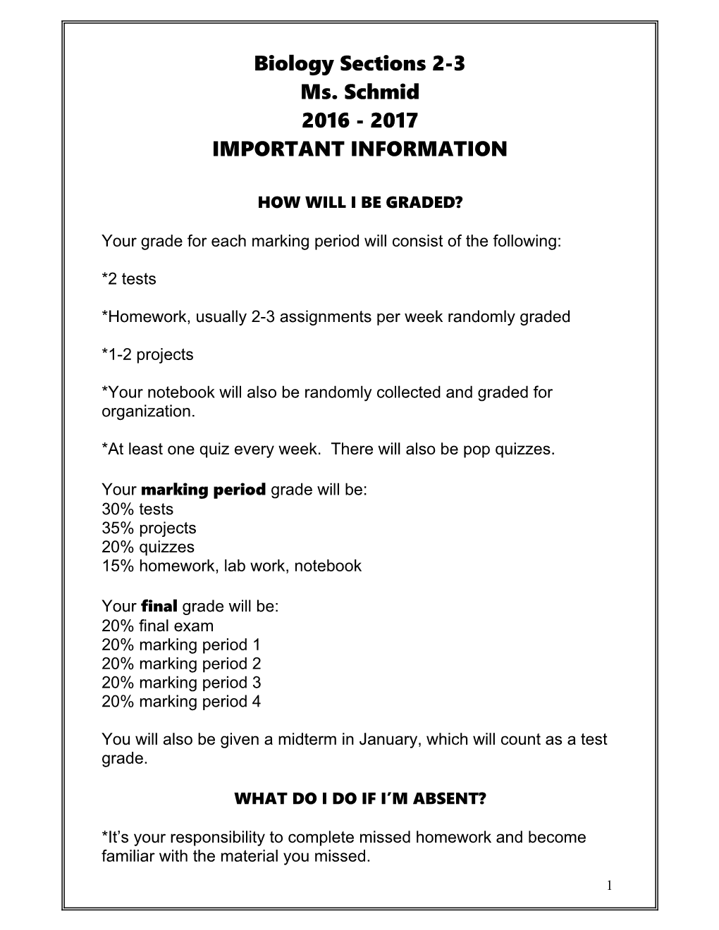 Your Grade for Each Marking Period Will Consist of the Following