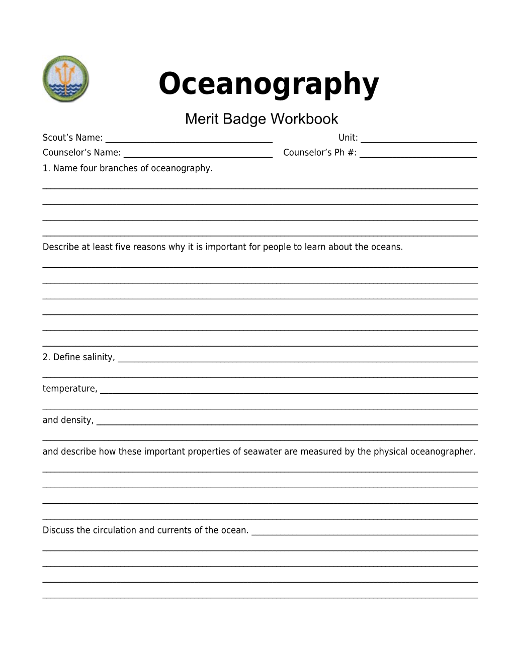 Oceanography P. 6 Merit Badge Workbook Scout's Name: ______