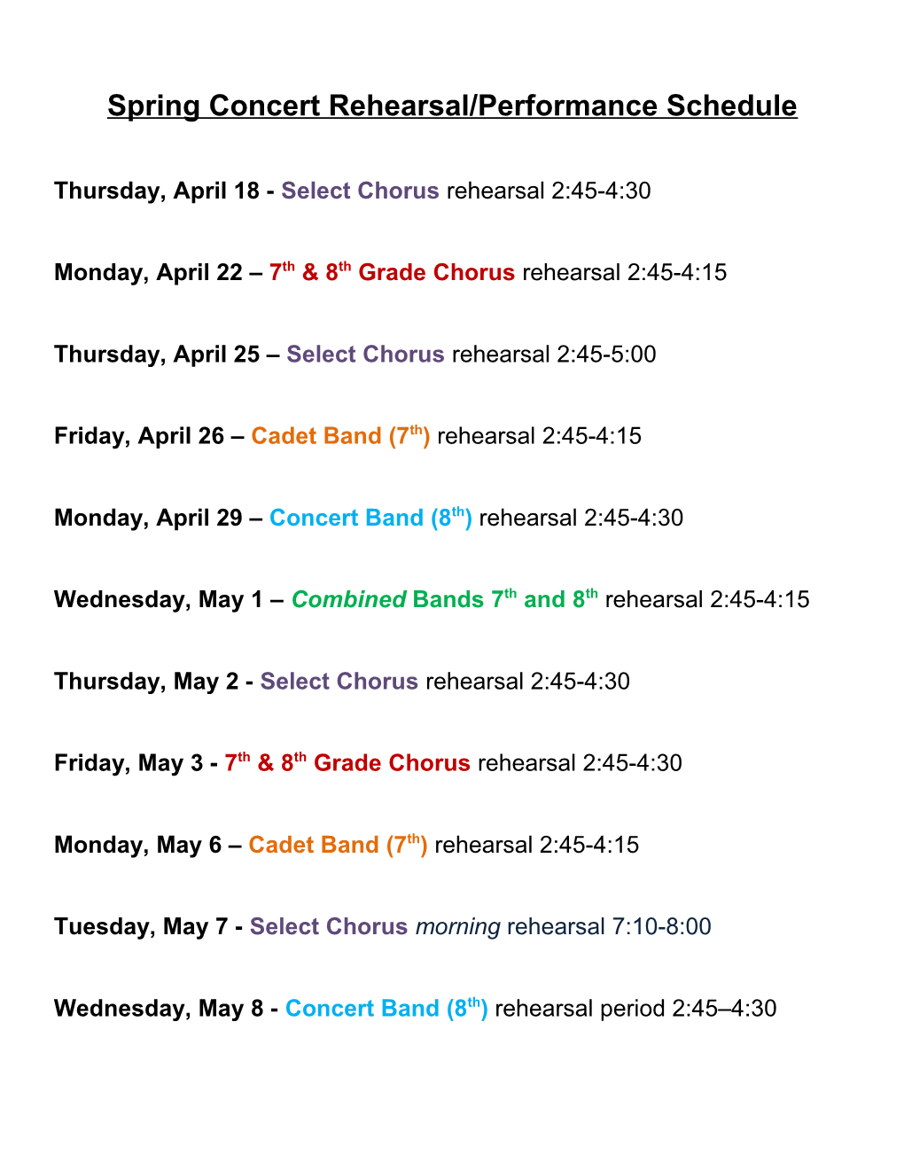 Thursday, April 3Rd 7Th Grade Chorus Rehearsal Periods 1 and 2