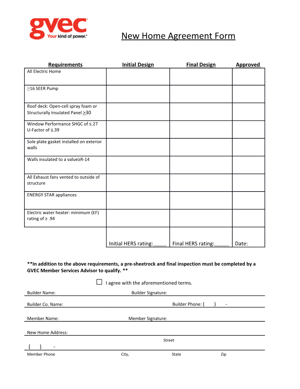 New Home Agreement Form