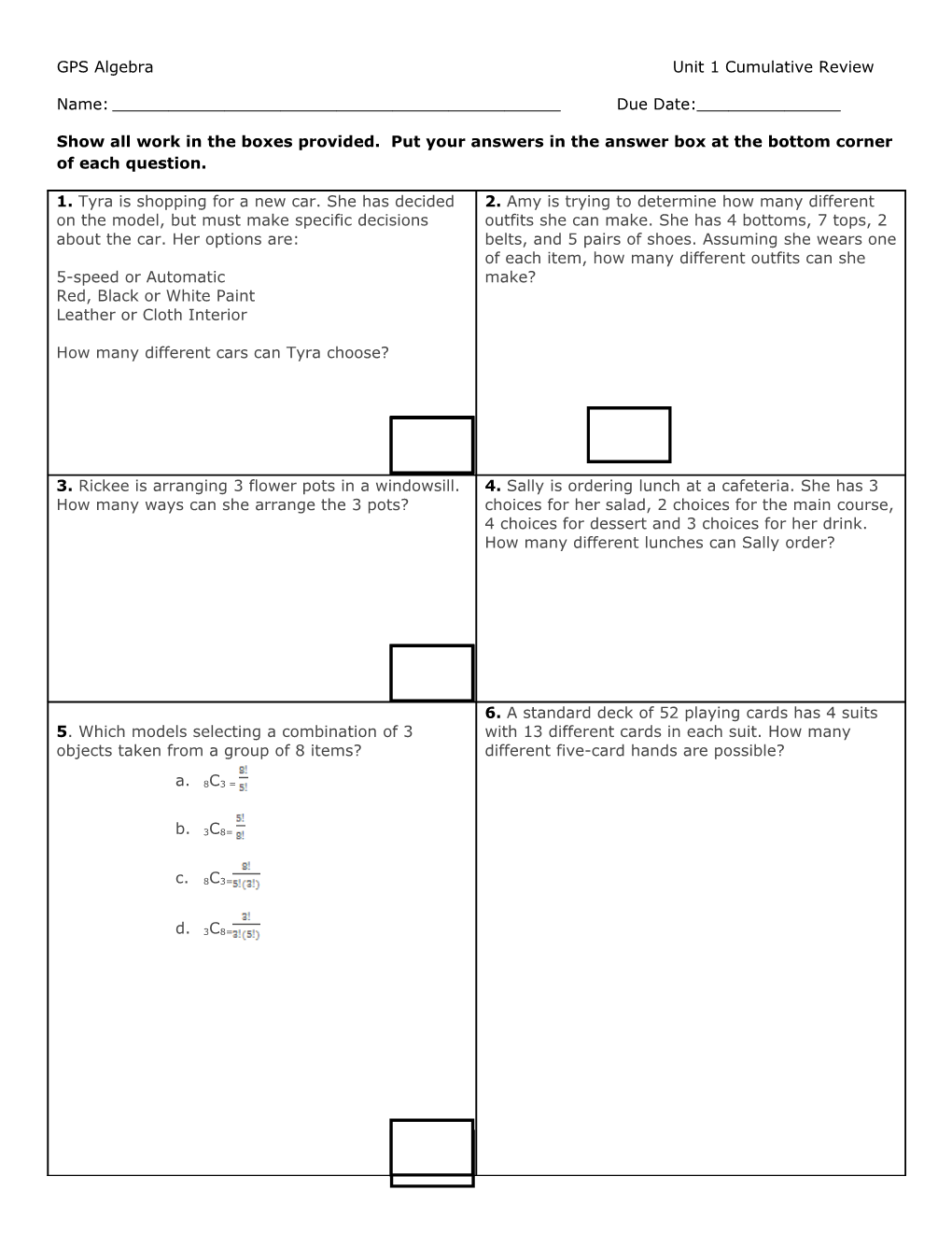 GPS Algebra Unit 1 Cumulative Review