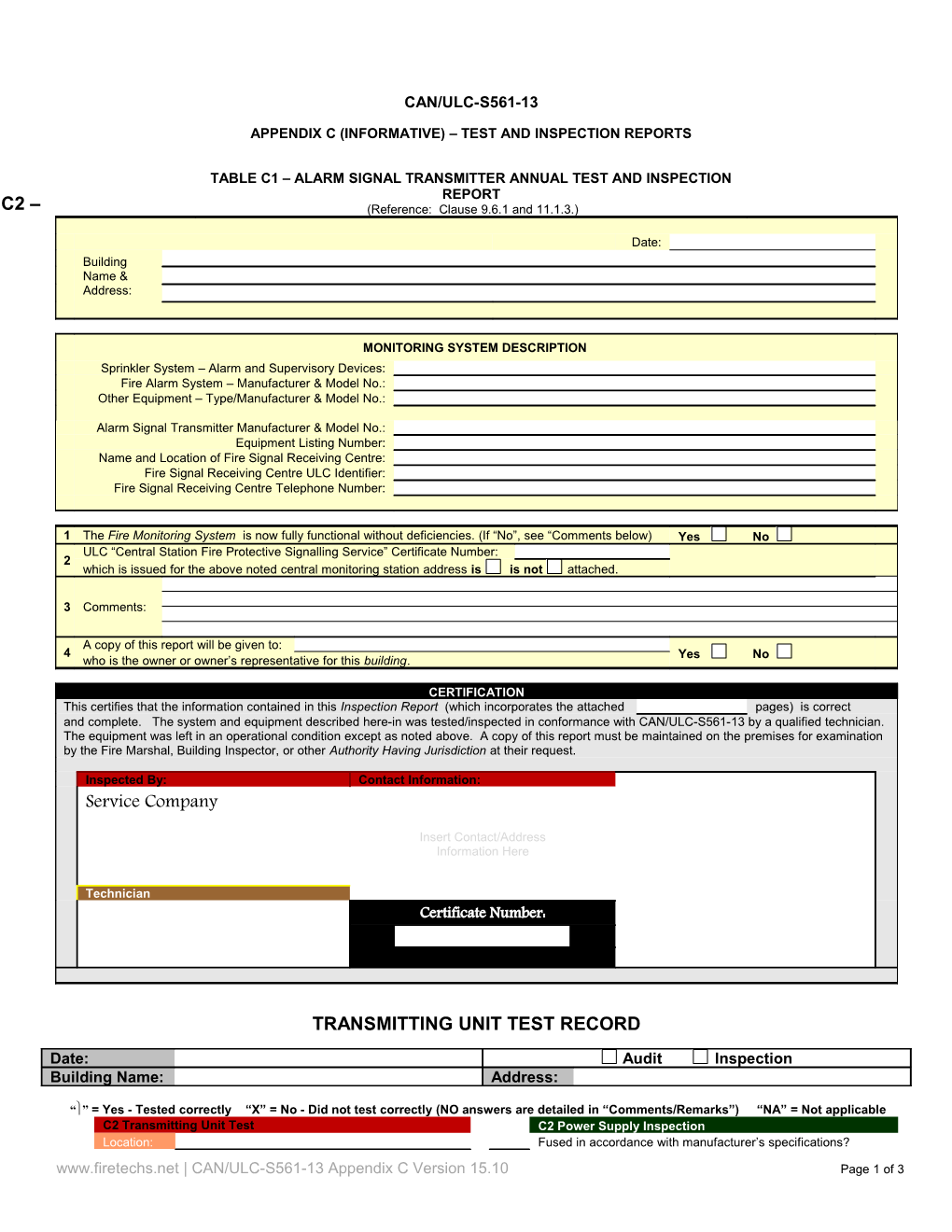 CAN/ULC-S561 Appendix C - Alarm Signal Transmitter Annual Test Report