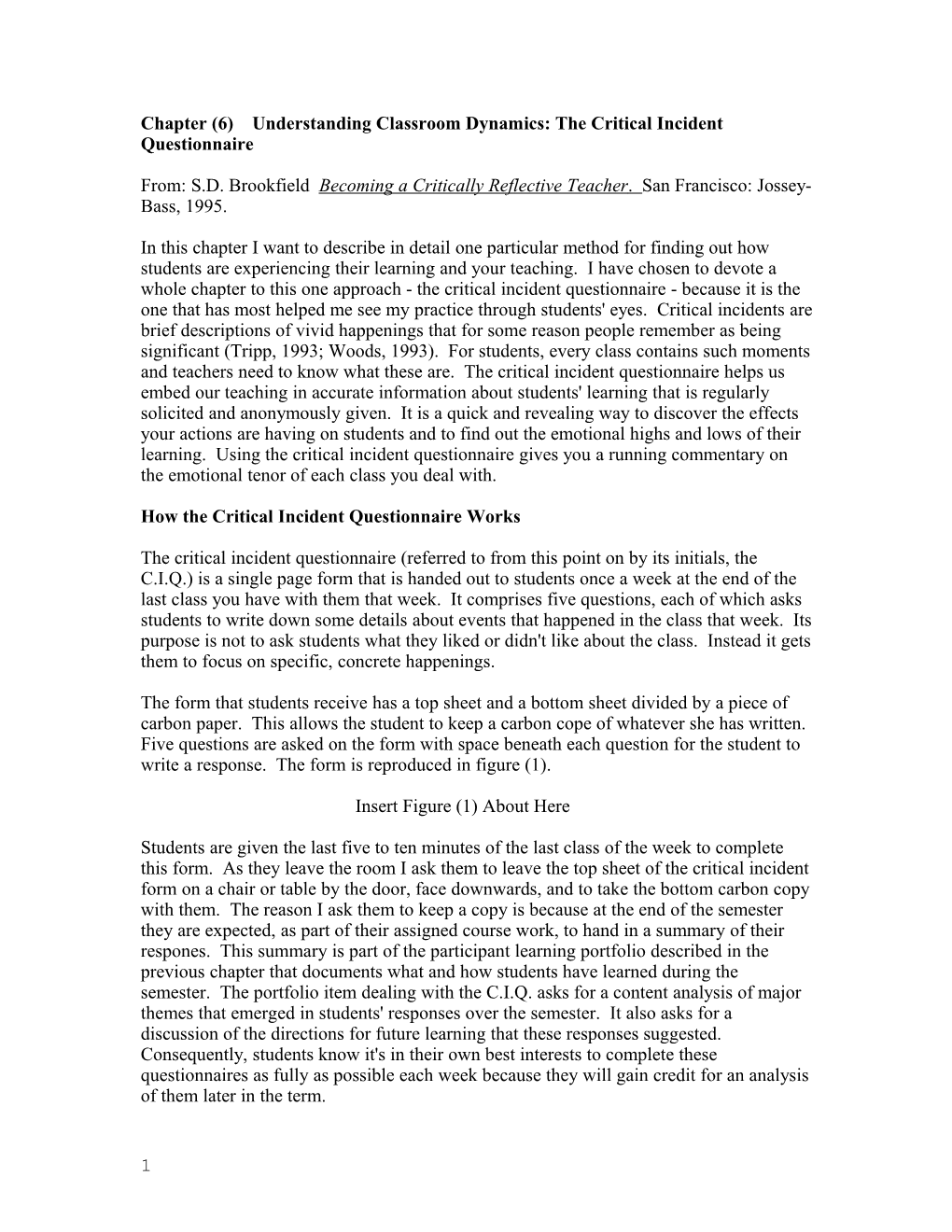 Chapter (6) Understanding Classroom Dynamics: the Critical Incident Questionnaire