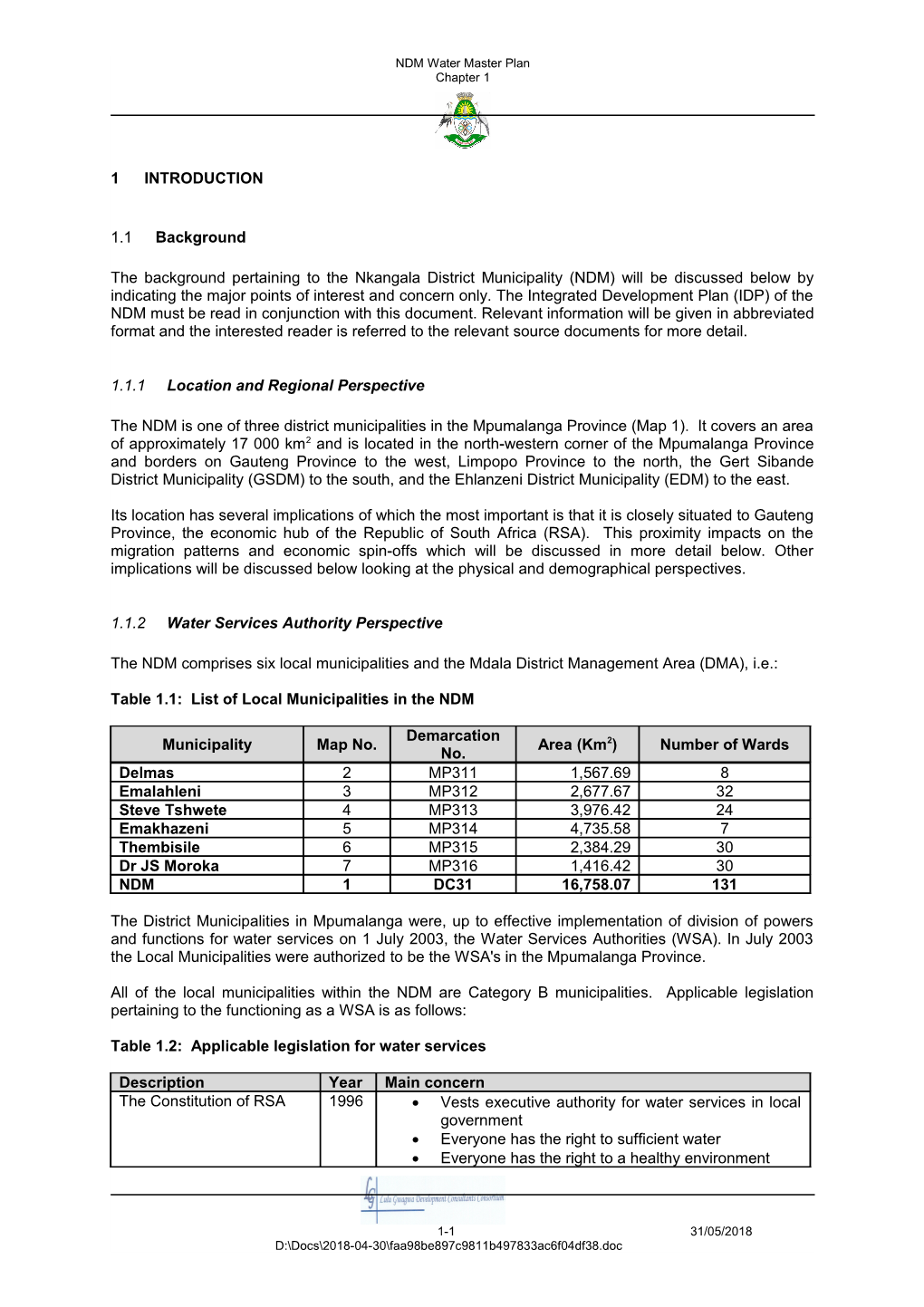 NDM Water Master Plan