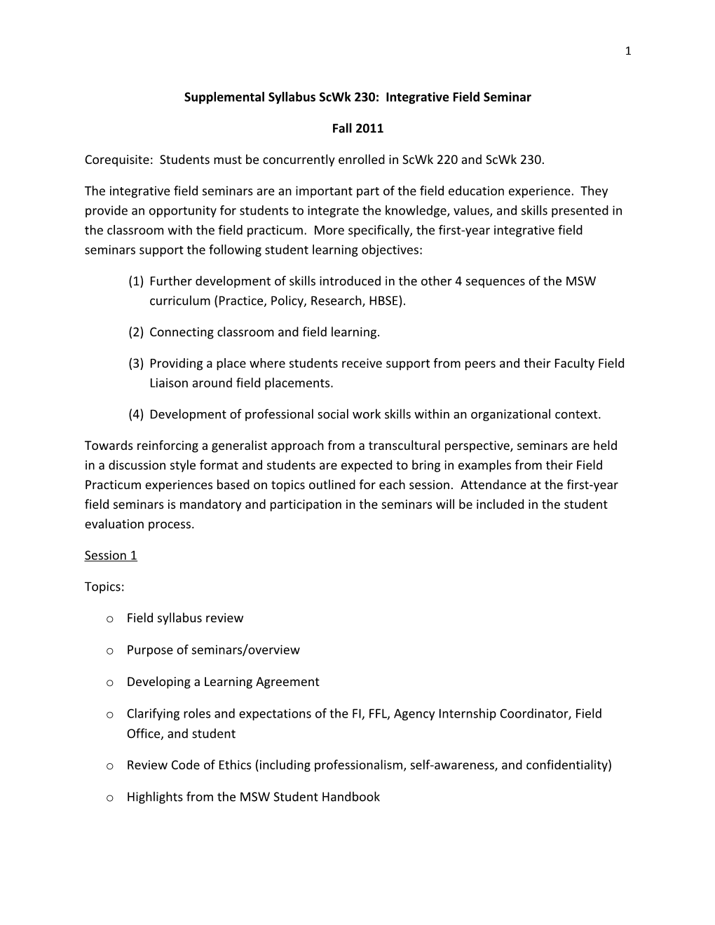 Supplemental Syllabus Scwk 230: Integrative Field Seminar