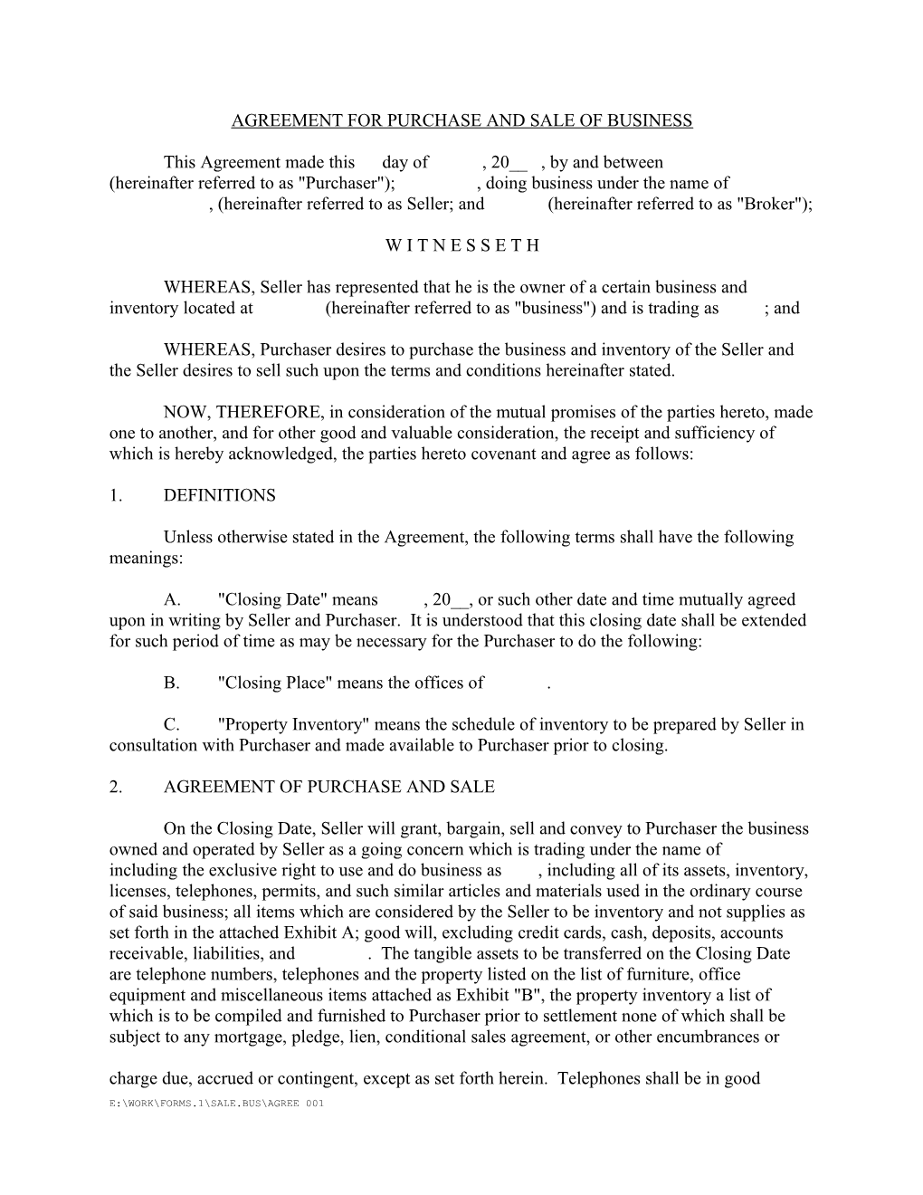 Agreement for Purchase and Sale of Business
