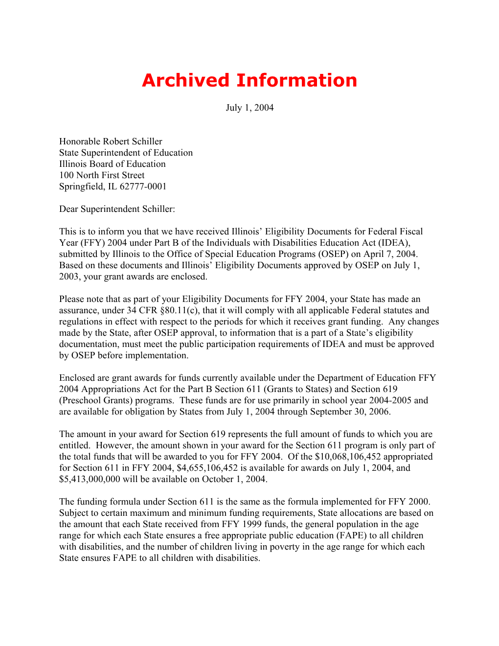 Archived Information: 2004 Illinois Individuals with Disabilities Act (IDEA) Part B Grant