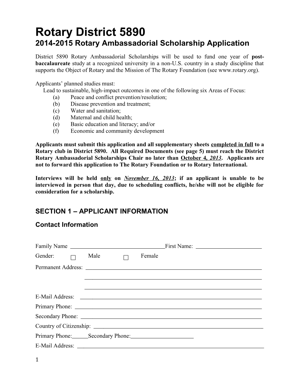 2014-2015 Rotary Ambassadorial Scholarship Application