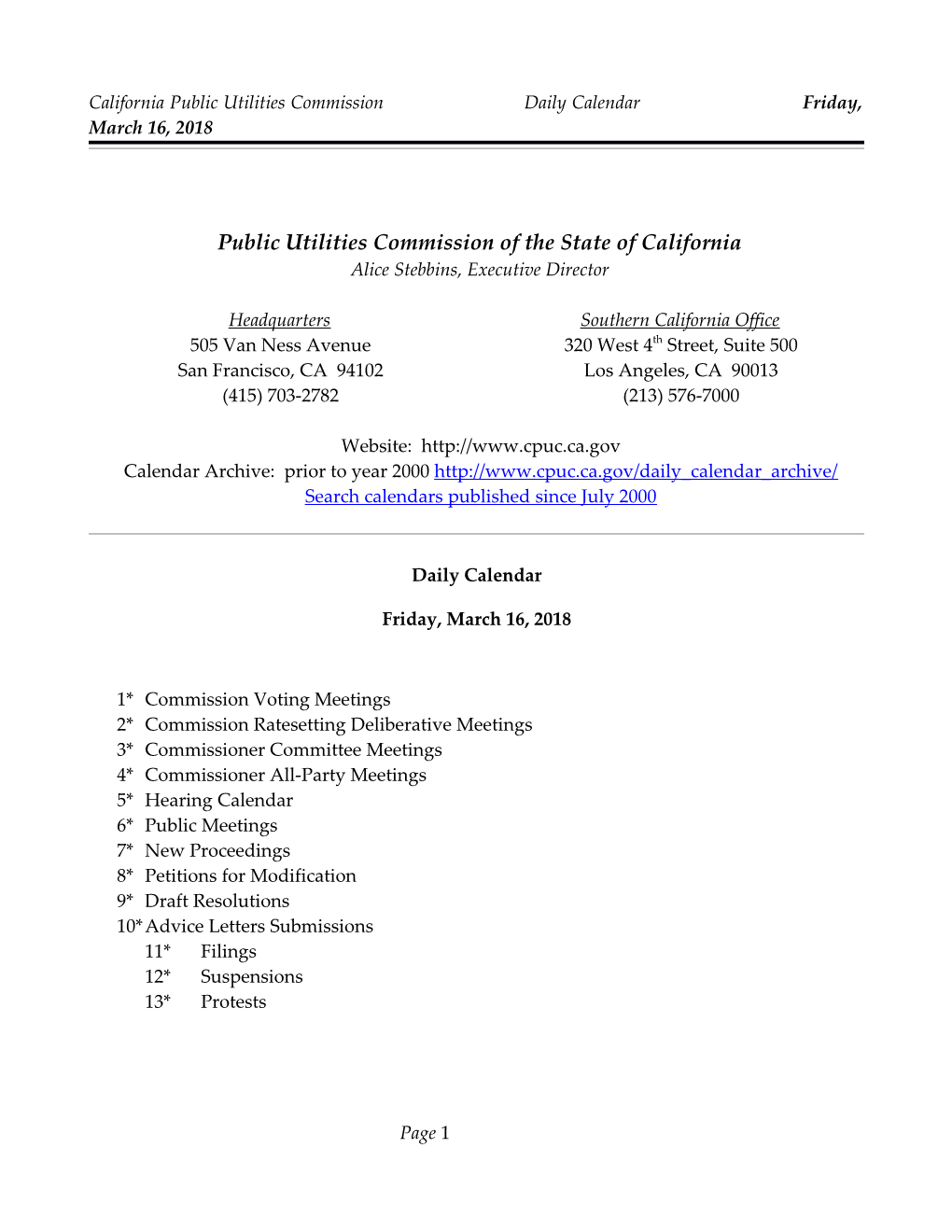 California Public Utilities Commission Daily Calendar Friday, March 16, 2018